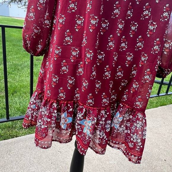 Aula sheer burgundy top, ruffle hem & open shoulder, women's size M - Picture 5 of 12